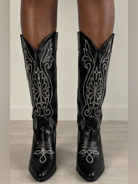 Shoes - Black Embroidered Western Knee-High Boots